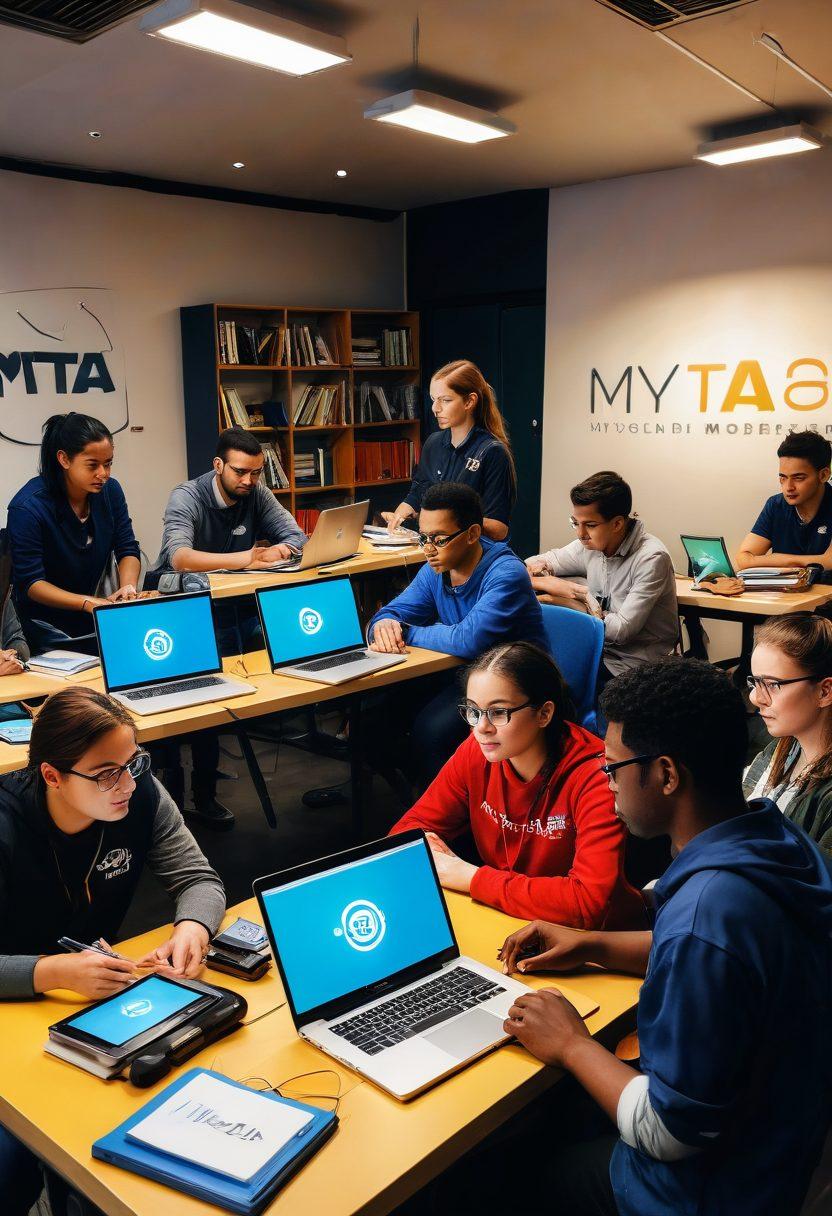 An energetic, diverse group of learners in a modern, well-equipped workshop setting, engaging with hands-on projects and digital learning tools. Various ages and backgrounds are represented, surrounded by books, laptops, gadgets, and collaborative teamwork. MYTA logo is prominently displayed in the background. Super-realistic, vibrant colors, dynamic lighting.