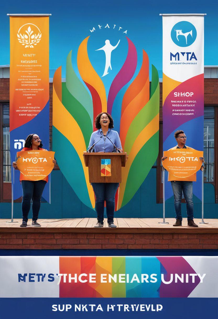 A diverse group of enthusiastic educators standing together on a raised platform, holding microphones, with banners and signs of unity, advocacy, and support behind them. The MYTA logo is prominently displayed, with a backdrop of a school building symbolizing the education system. The image should evoke a sense of empowerment and community. super-realistic. vibrant colors.